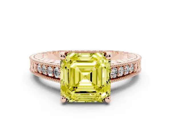 Fancy Yellow Asscher Cut Solitaire Pavé Diamond Milgrain Engagement Ring with Four-Prong Setting Rose gold