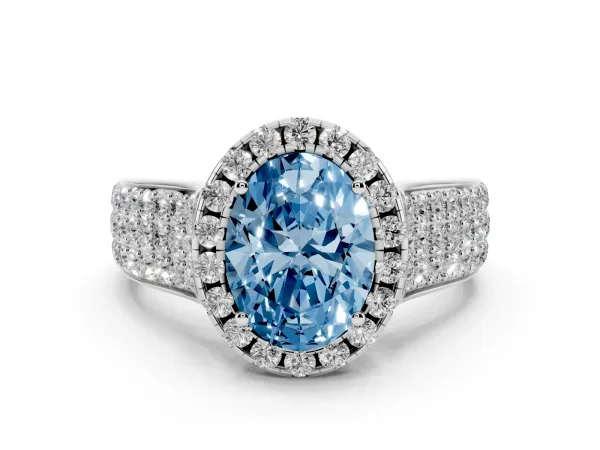Fancy Blue Oval Cut Halo Round Diamond Pave Band with Prong Setting Platinum