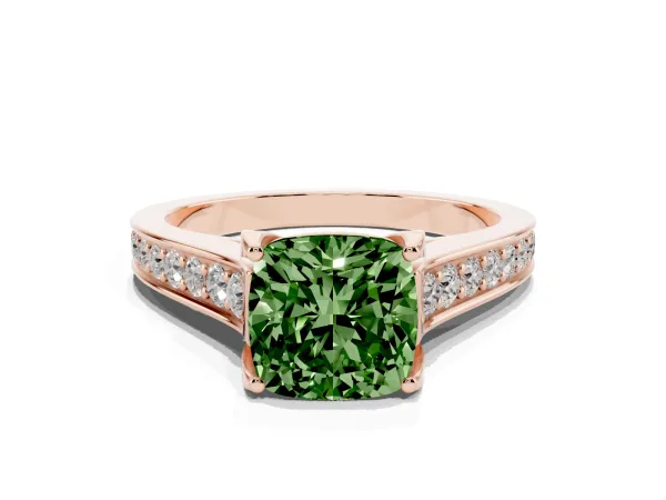 Fancy Green Cushion Cut Brilliant Cut Diamond Engagement Ring with Pavé Band and Four-Prong Setting Rose gold