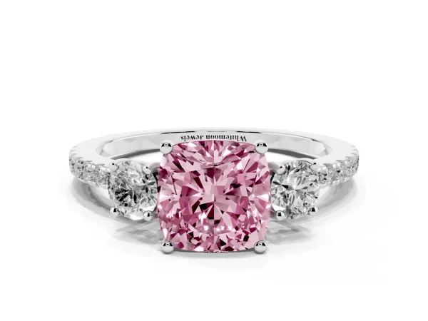 Fancy Pink Three-Stone Cushion Cut Cut Diamond Pavé Band with Prong Setting Platinum