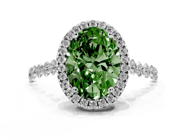 Fancy Green Oval Cut Halo Pavé Diamond Engagement Ring with Four-Prong Setting Platinum