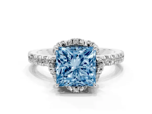 Fancy Blue Princess Cut Halo Diamond Pave Band Ring with Four-Prong Setting Platinum