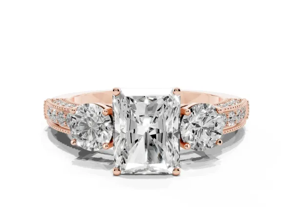 Radiant Cut Three-Stone Diamond Ring with Pavé Band and Four-Prong Setting Rose gold