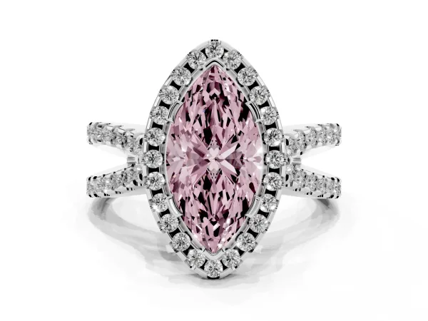 Fancy Pink Marquise Cut Diamond Halo Ring with Split Shank Pavé Band and Prong Setting White gold