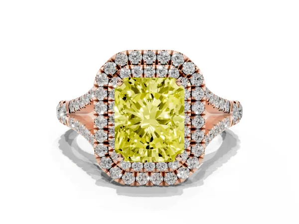 Fancy Yellow Radiant Cut Diamond Double Halo Ring with Split Shank and Prong Setting Rose gold