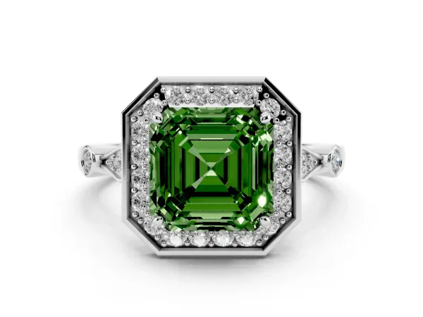 Fancy Green Asscher Cut Halo Diamond Engagement Ring with Twisted Band and Four-Prong Setting White gold