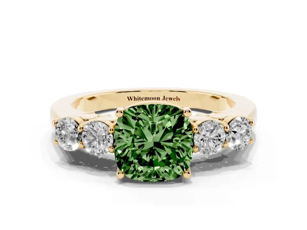 Fancy Green Cushion Cut Cut Diamond Five-Stone Prong Set White Gold Ring Yellow gold