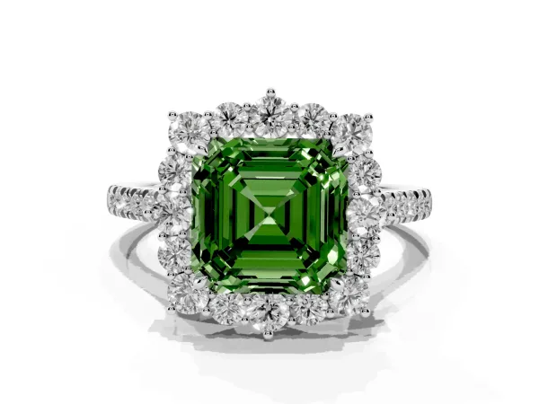 Fancy Green Asscher Cut Halo Diamond Ring with Pavé Band and Prong Setting White gold