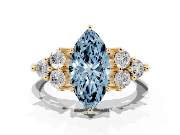 Fancy Blue Marquise Cut Brilliant Diamond Cluster Accent Solitaire Ring with Prong Setting Yellow gold