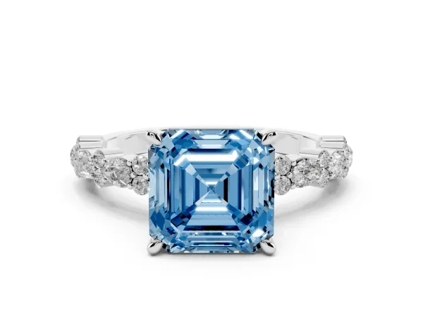 Fancy Blue Asscher Cut Diamond Side Stone Solitaire Ring with Round and Four-Prong Setting White gold