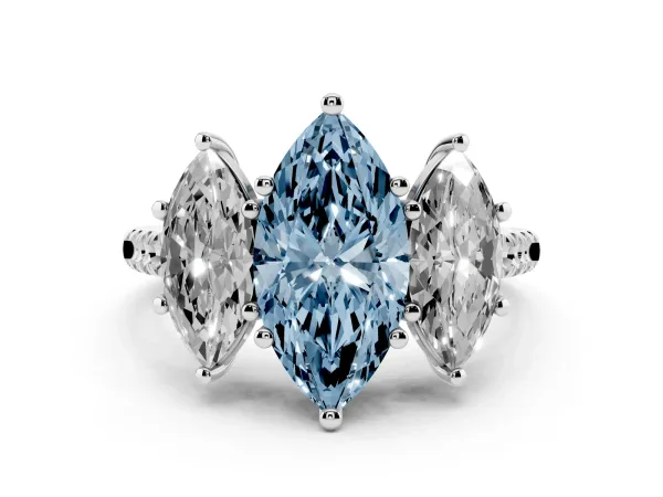Fancy Blue Three-Stone Marquise Cut Diamond Ring with Round Pavé Band and Prong Setting White gold