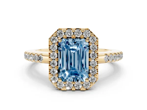 Fancy Blue Emerald Cut Diamond Pavé Halo Ring with Four-Prong Setting Yellow gold