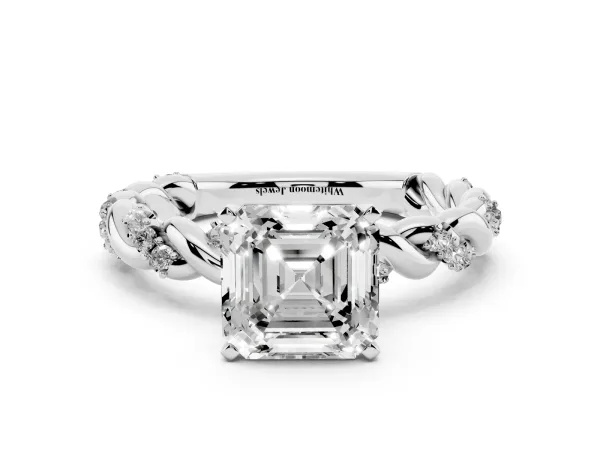 Asscher Cut Diamond Solitaire Ring with Twisted Band and Pavé Accents White gold