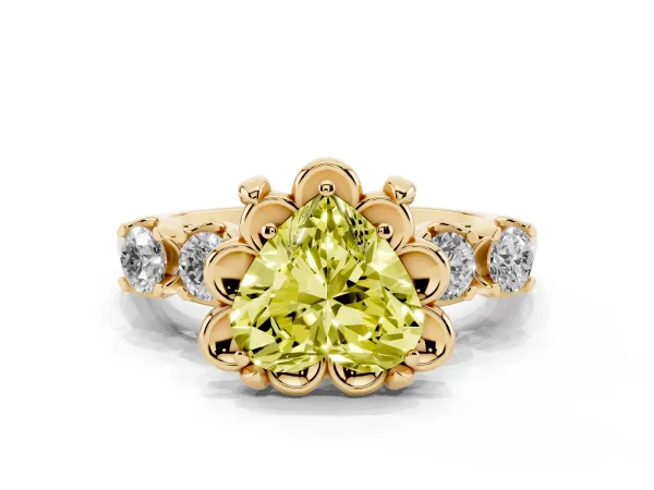 Fancy Yellow Heart Cut Cut Diamond Floral Halo Engagement Ring with Shared Prong Setting Yellow gold
