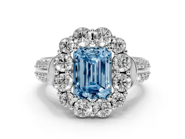 Fancy Blue Emerald Cut Halo Diamond Engagement Ring with Split Shank and Prong Setting Platinum