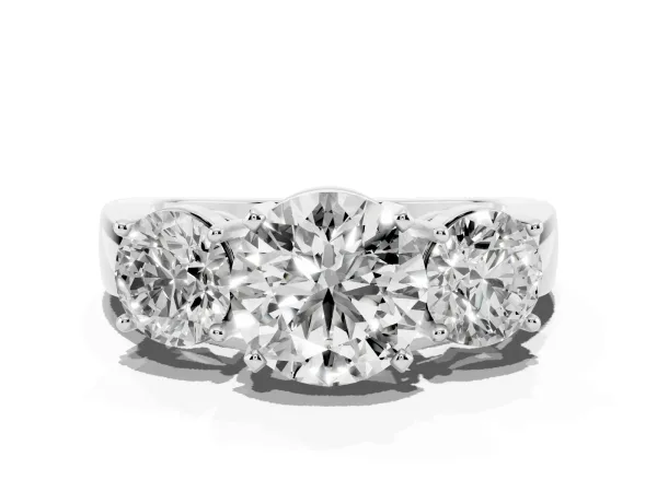 Three-Stone Round Cut Diamond Ring with Round Side Stones, Classic Band, and Four-Prong Setting Platinum