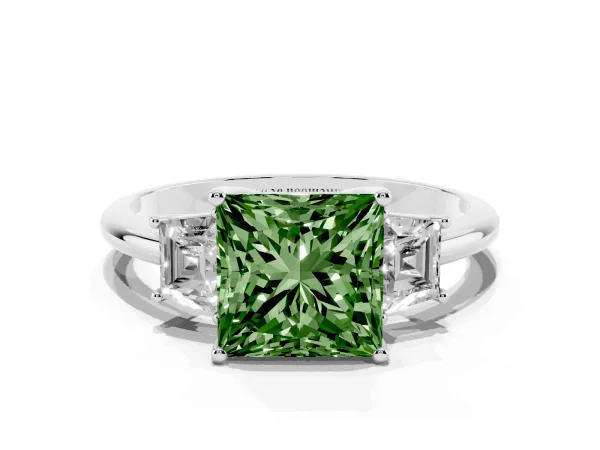 Fancy Green Princess Cut Diamond Three-Stone Ring with Trapezoid Side Stones and Prong Setting White gold