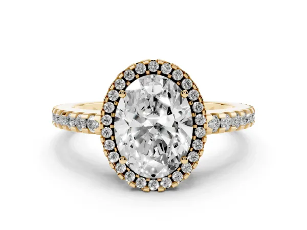 Oval Cut Diamond Halo Engagement Ring with Pavé Band and Prong Setting Yellow gold