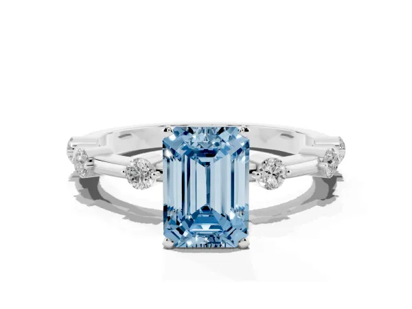 Fancy Blue Emerald Cut Solitaire Diamond Ring with Bezel Set Side Stones and Prong Setting Platinum