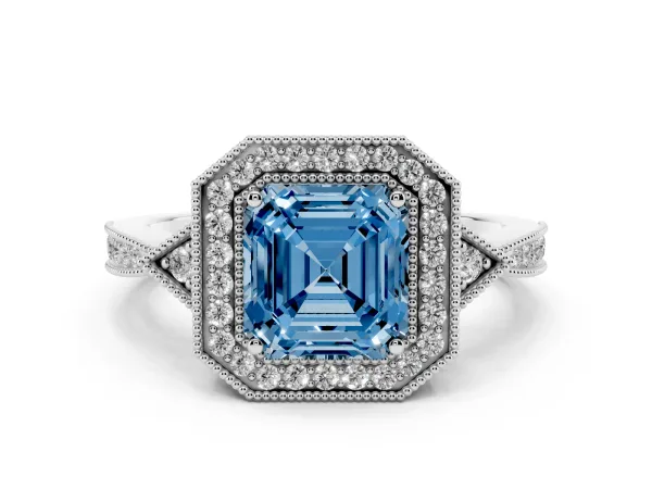 Fancy Blue Asscher Cut Halo Round Diamond Milgrain Pave Engagement Ring White gold