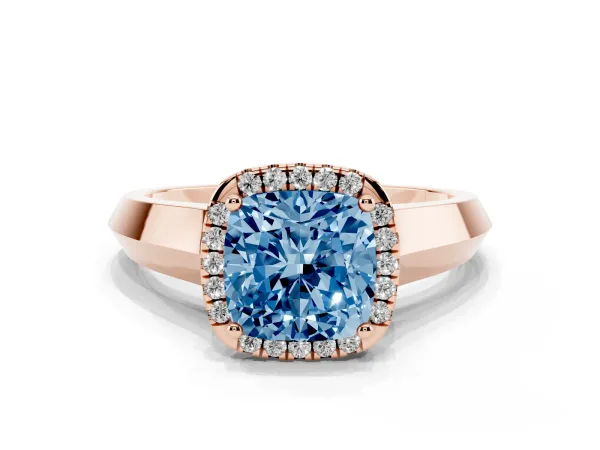 Fancy Blue Cushion Cut Halo Diamond Ring with Cathedral Band and Four-Prong Setting Rose gold