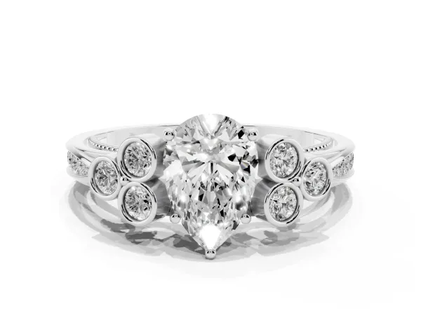 Pear Cut Cut Diamond Engagement Ring with Bezel Set Round Side Stones and Prong Setting Platinum