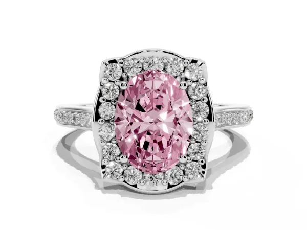 Fancy Pink Oval Cut Halo Round Diamond Pave Band with Four-Prong Setting White gold