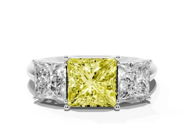 Fancy Yellow Three-Stone Princess Cut Cut Diamond Engagement Ring with Prong Setting on a White Gold Band White gold