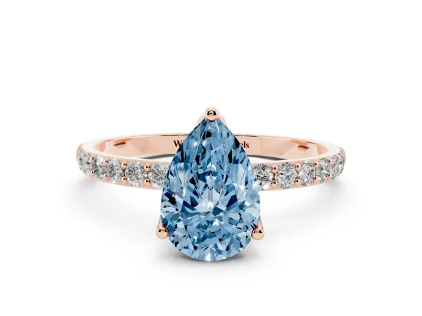 Fancy Blue Pear Cut Diamond Solitaire Engagement Ring with Round Pavé Band and Prong Setting Rose gold