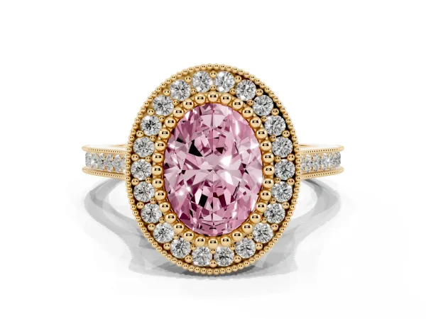 Fancy Pink Oval Cut Diamond Halo Ring with Milgrain Frame and Pavé Band Yellow gold