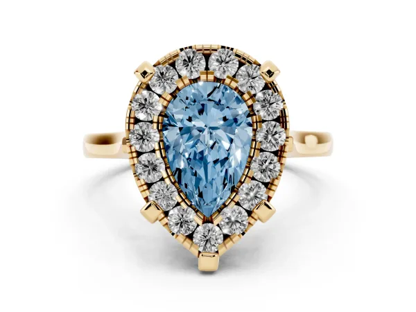 Fancy Blue Pear Cut Diamond Cluster Halo Solitaire with Four-Prong Setting Yellow gold