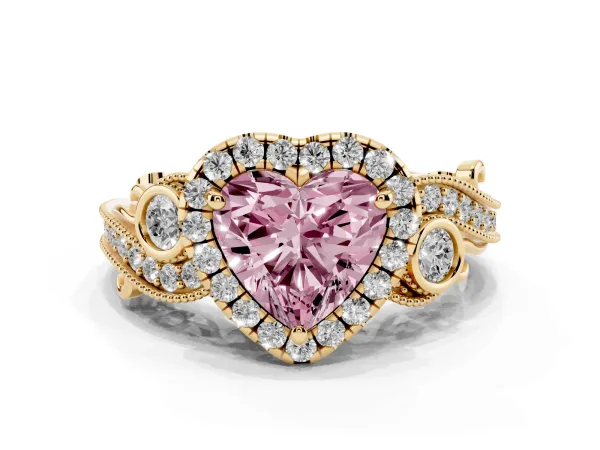 Fancy Pink Heart Cut Halo Diamond Ring with Milgrain and Bezel Accents on a Split Shank Band Yellow gold