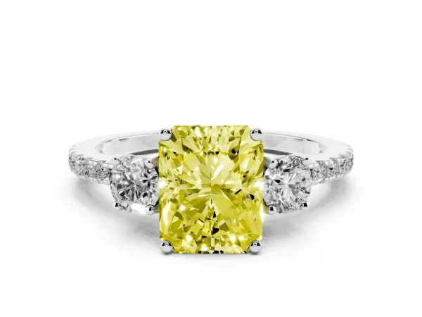 Fancy Yellow Three-Stone Radiant Cut Cut Diamond Pavé Band with Prong Setting Platinum