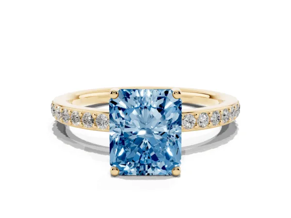 Fancy Blue Radiant Cut Cut Diamond Pavé Band Ring with Four-Prong Setting Yellow gold