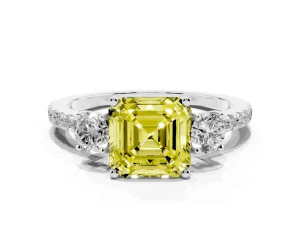 Fancy Yellow Three-Stone Asscher Cut Cut Diamond Pavé Band with Prong Setting Platinum