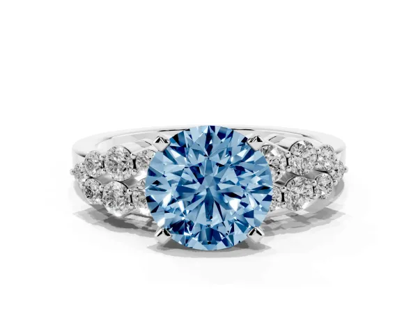 Fancy Blue Round Cut Cluster Diamond Engagement Ring with Pavé Band and Four-Prong Setting Platinum