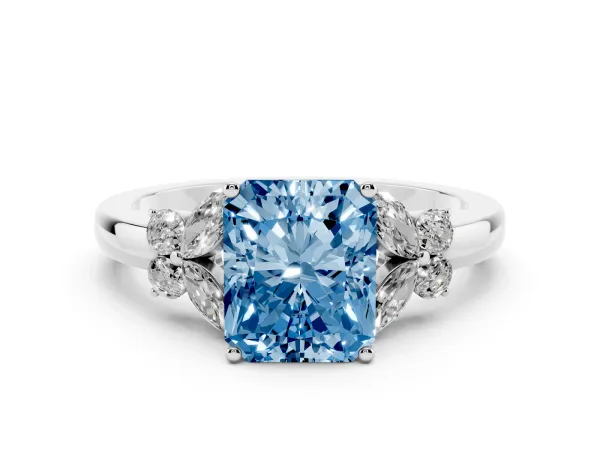 Fancy Blue Radiant Cut Cut Solitaire Floral Diamond Ring with Four-Prong Setting Platinum
