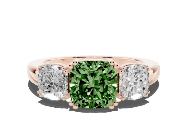Fancy Green Three-Stone Cushion Cut Cut Diamond Ring with Channel Set Band and Four-Prong Setting Rose gold
