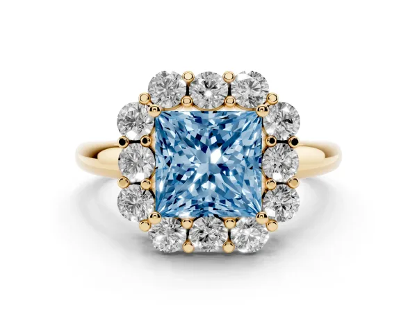 Fancy Blue Princess Cut Halo Milgrain Solitaire with Bezel Set Side Stones and Pave Band Yellow gold
