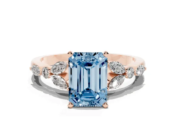 Fancy Blue Emerald Cut Diamond Solitaire Ring with Side Stones and Four-Prong Setting Rose gold