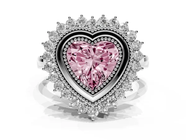 Fancy Pink Heart Cut Halo Diamond Ring with Milgrain Edge and Round Prong Setting White gold