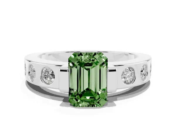 Fancy Green Emerald Cut Brilliant Channel-Set Diamond Ring with Bezel Prong Setting White gold