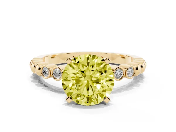 Fancy Yellow Round Cut Solitaire Bezel Accent Diamond Engagement Ring with Beaded Band and Four-Prong Setting Yellow gold