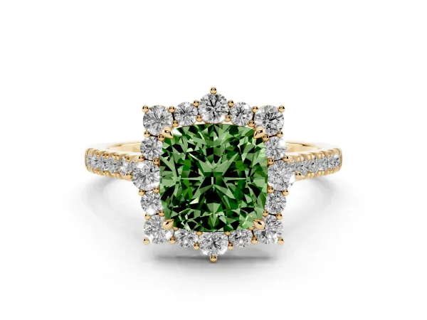 Fancy Green Cushion Cut Halo Diamond Ring with Pavé Band and Prong Setting Yellow gold