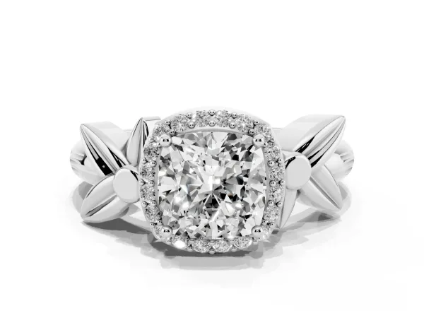 Cushion Cut Halo Diamond Floral Band with Four-Prong Setting White gold