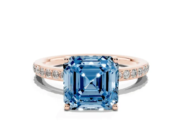Fancy Blue Asscher Cut Cut Diamond Pavé Band Ring with Four-Prong Setting Rose gold