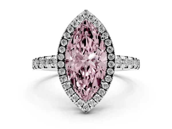 Fancy Pink Marquise Cut Diamond Halo Ring with Pavé Band and Four-Prong Setting Platinum