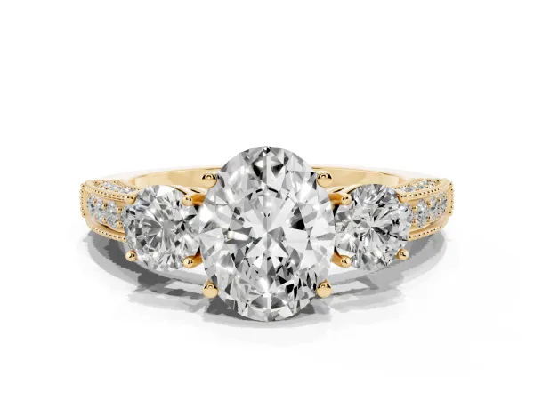 Oval Cut Three-Stone Diamond Ring with Pavé Band and Four-Prong Setting Yellow gold