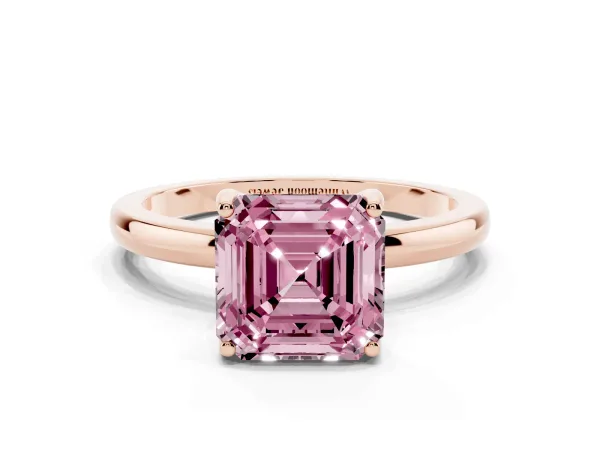 Fancy Pink Asscher Cut Solitaire Diamond Ring with Prong Setting and Plain Band Rose gold