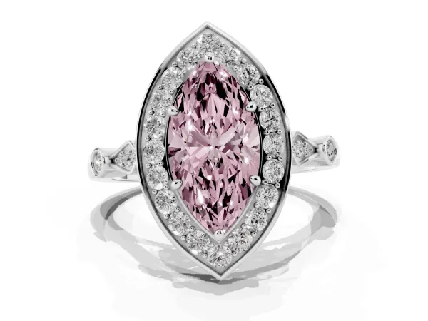 Fancy Pink Marquise Cut Halo Diamond Engagement Ring with Twisted Band and Four-Prong Setting Platinum